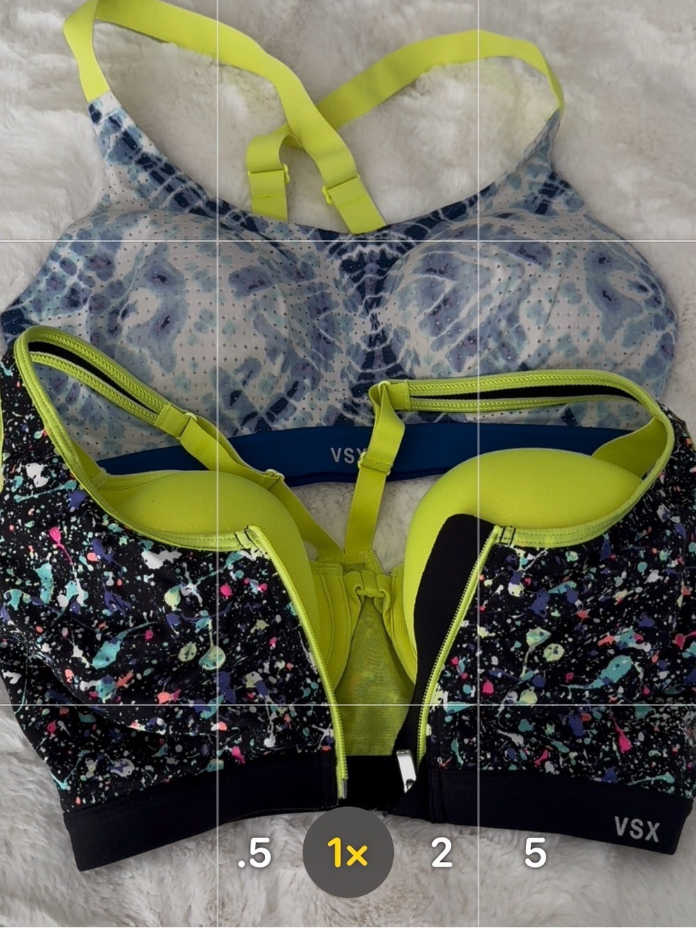 Victoria's Secret Neon Yellow and blueand multi color zip Sports Bra set of 2